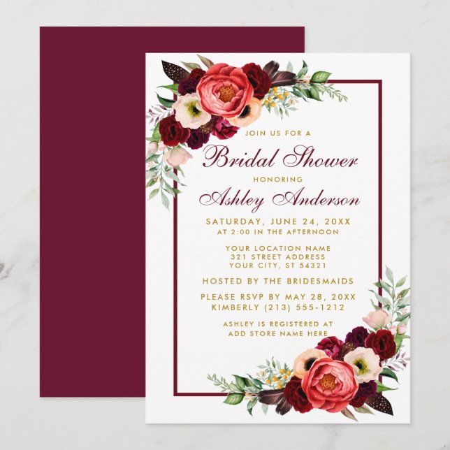 Burgundy Floral Gold Boho Bridal Shower Invite B (Front/Back)