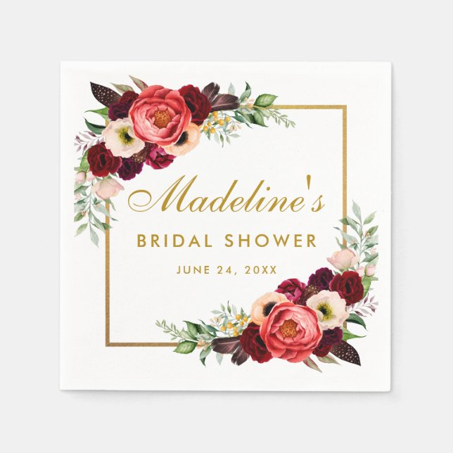 Burgundy Floral Gold Boho Bridal Shower Napkin (Front)