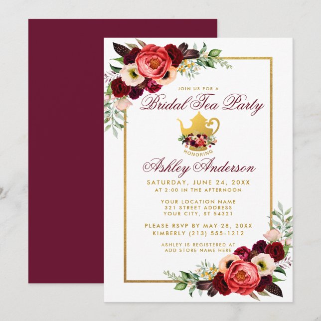 Burgundy Floral Gold Boho Bridal Shower Tea Party Invitation (Front/Back)
