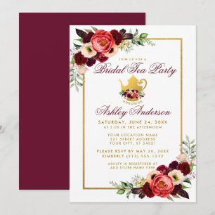 Burgundy Floral Gold Boho Bridal Shower Tea Party Invitation