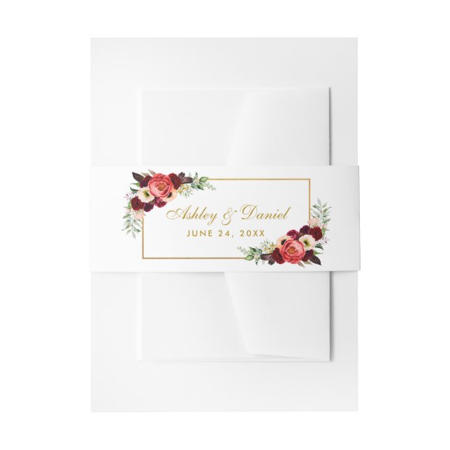 Burgundy Floral Gold Boho Wedding Invitation Belly Band (Front Example)