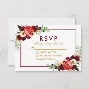 Burgundy Floral Gold Boho Wedding RSVP Card