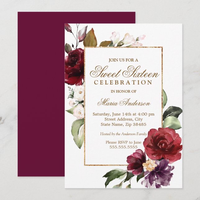 Burgundy Floral Gold Border Sweet 16 Party Invitation (Front/Back)