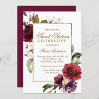 Burgundy Floral Gold Border Sweet 16 Party