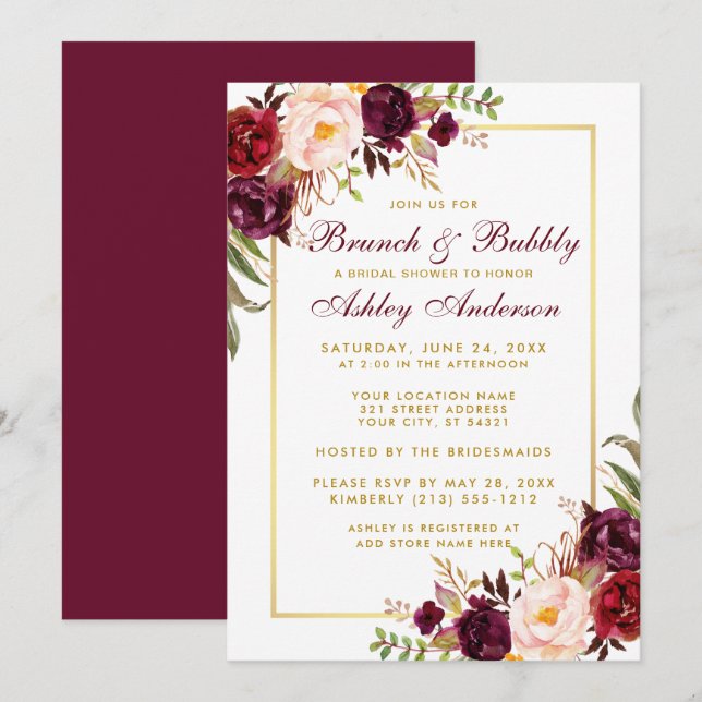 Burgundy Floral Gold Bridal Shower Brunch Invite B (Front/Back)