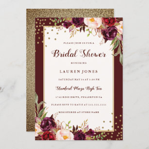 Burgundy floral Gold Bridal Shower Invitation