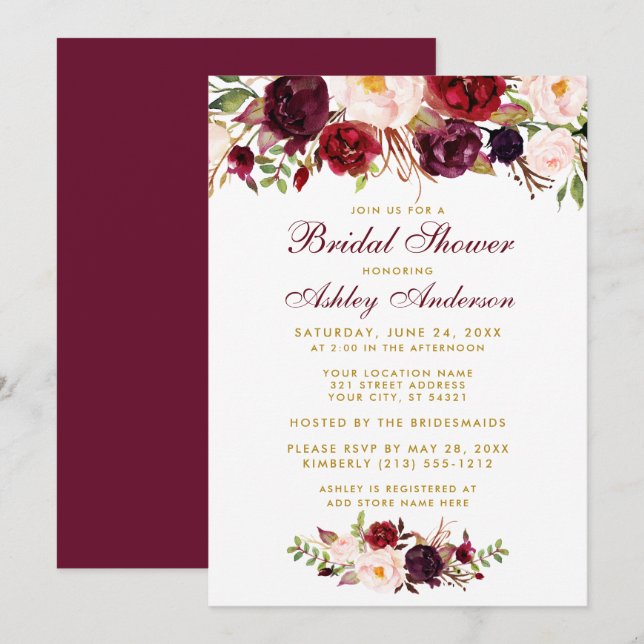 Burgundy Floral Gold Bridal Shower Invitation BB (Front/Back)