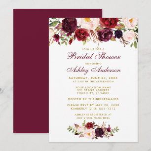 Burgundy Floral Gold Bridal Shower Invitation BB