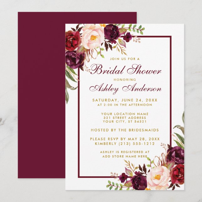Burgundy Floral Gold Bridal Shower Invitation BF (Front/Back)