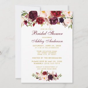 Burgundy Floral Gold Bridal Shower Invitation BW