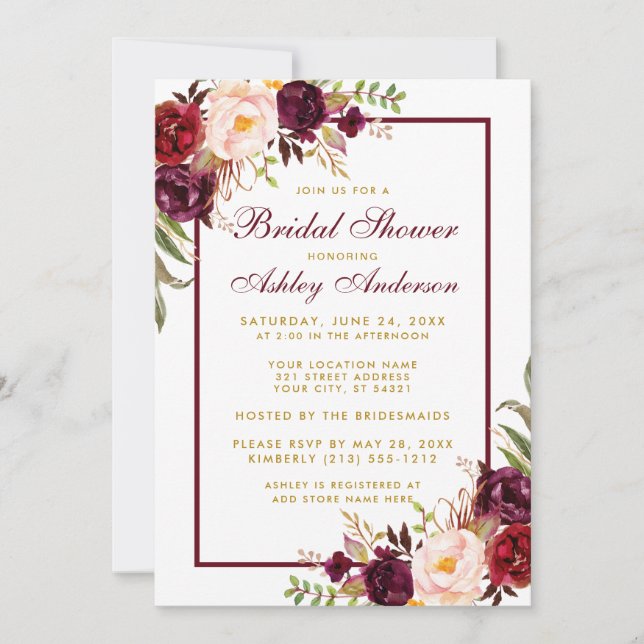 Burgundy Floral Gold Bridal Shower Invitation F (Front)