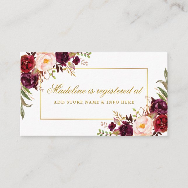Burgundy Floral Gold Bridal Shower Registry Insert (Front)