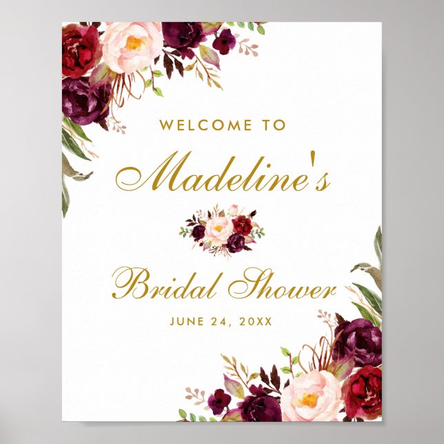 Burgundy Floral Gold Bridal Shower Welcome Poster (Front)