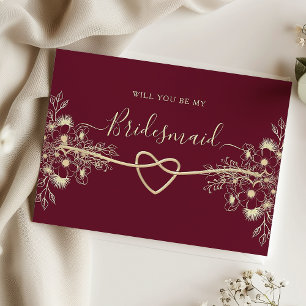 Burgundy Floral Gold Bridesmaid Proposal Card