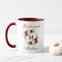 Burgundy Floral Gold Circle Bridesmaid Monogram