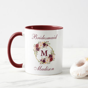 Burgundy Floral Gold Circle Bridesmaid Monogram Mug