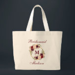 Burgundy Floral Gold Circle Monogram Bridesmaid Large Tote Bag<br><div class="desc">Watercolor Burgundy Floral Gold Circle Monogram Bridesmaid Tote Bag -  Large</div>