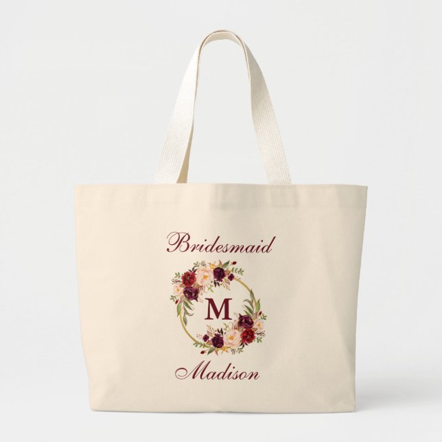 Burgundy Floral Gold Circle Monogram Bridesmaid Large Tote Bag (Front)
