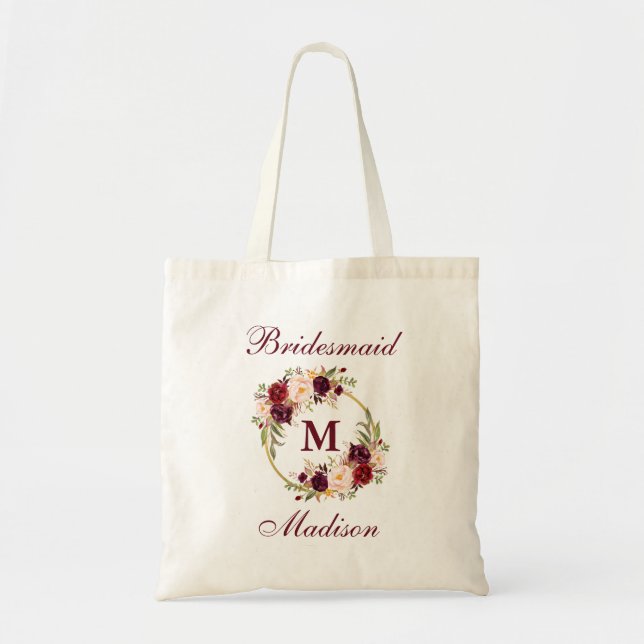 Burgundy Floral Gold Circle Monogram Bridesmaid Tote Bag (Front)