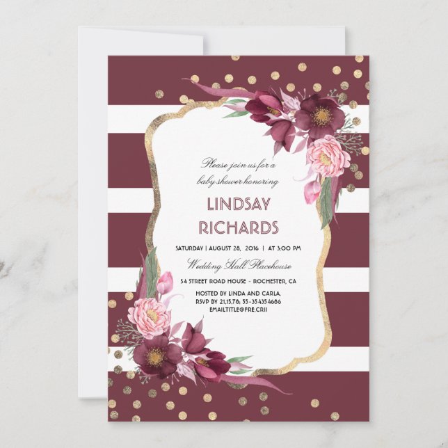 Burgundy Floral Gold Confetti Chic Baby Shower Invitation (Front)