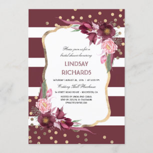 Burgundy Floral Gold Confetti Chic Bridal Shower Invitation