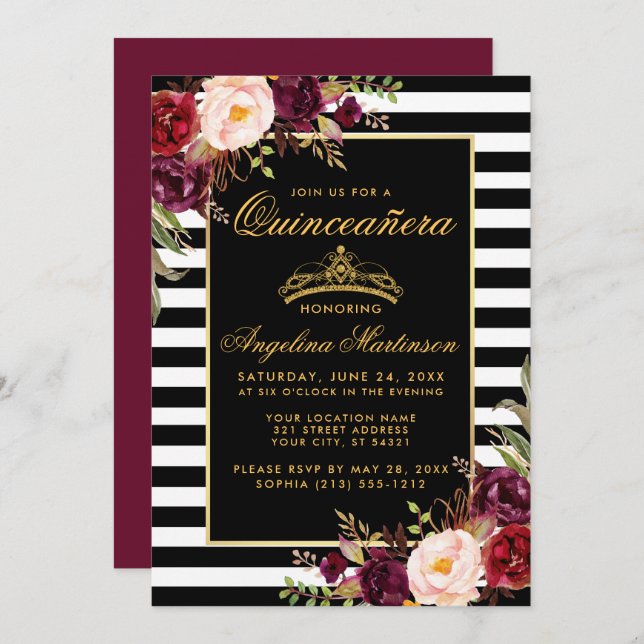 Burgundy Floral Gold Crown Stripes Quinceanera Invitation (Front/Back)