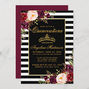 Burgundy Floral Gold Crown Stripes Quinceanera Invitation