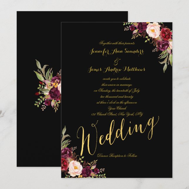 Burgundy Floral Gold Foil Black Wedding Invitation (Front/Back)