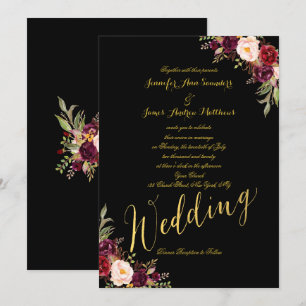 Burgundy Floral Gold Foil Black Wedding Invitation