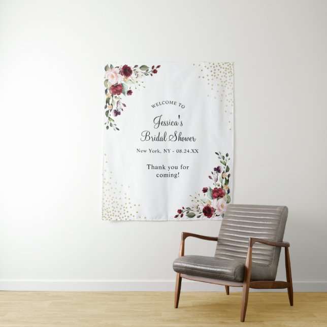 Burgundy Floral Gold Foil Bridal Shower Welcome Tapestry (In Situ)