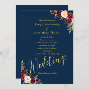 Burgundy Floral Gold Foil Navy Blue Wedding Invite