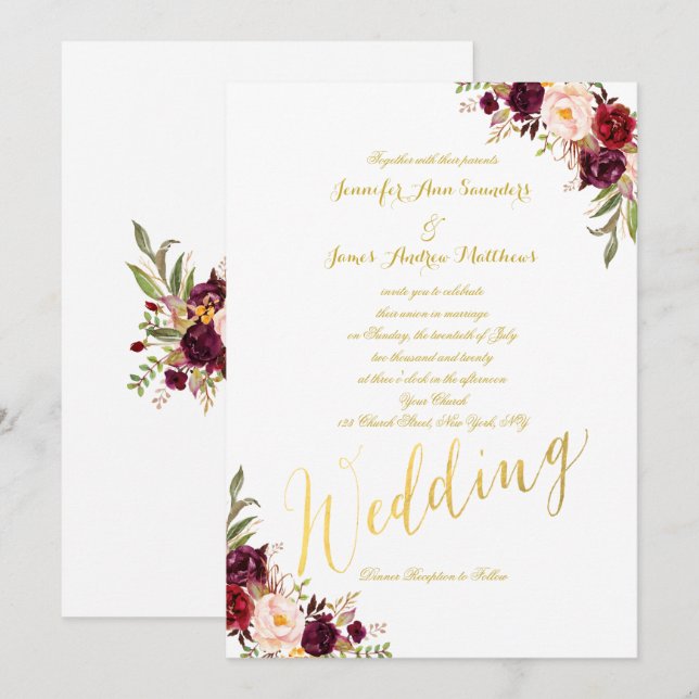 Burgundy Floral Gold Foil Script Wedding Invite (Front/Back)