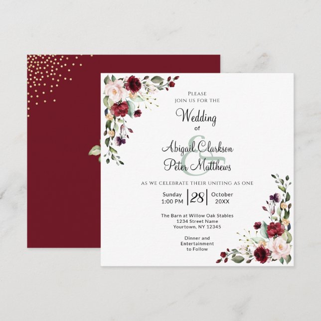 Burgundy Floral Gold Foil Square Wedding Invitation (Front/Back)