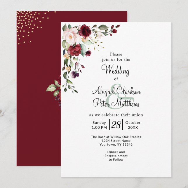 Burgundy Floral Gold Foil Watercolor Wedding Invitation (Front/Back)