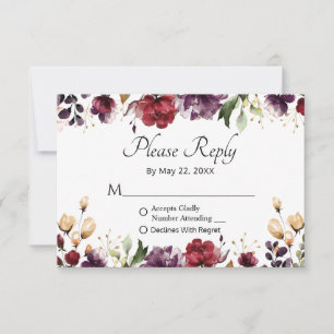 Burgundy Floral Gold Foil Wedding Please Reply RSVP Card