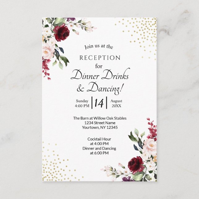 Burgundy Floral Gold Foil Wedding Reception Enclosure Card (Front)