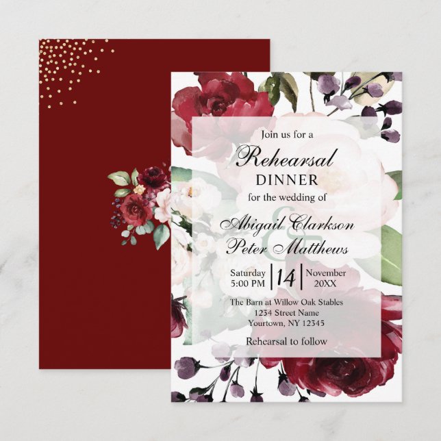 Burgundy Floral Gold Foil Wedding Rehearsal Dinner Invitation (Front/Back)