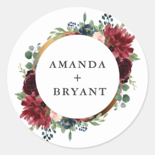 Burgundy floral gold frame classic round sticker