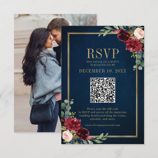 Burgundy Floral Gold Frame Navy Blue QR code RSVP (Front/Back)