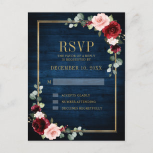 Burgundy Floral Gold Frame Navy Blue Wedding Postcard