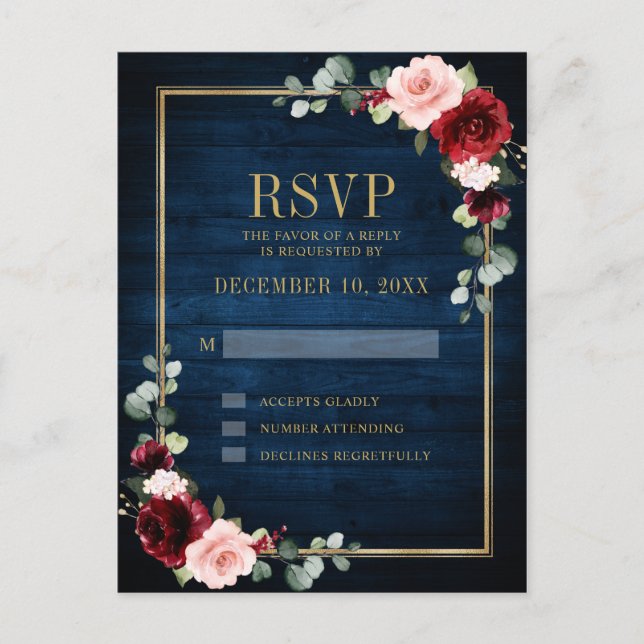 Burgundy Floral Gold Frame Navy Blue Wedding Postcard (Front)