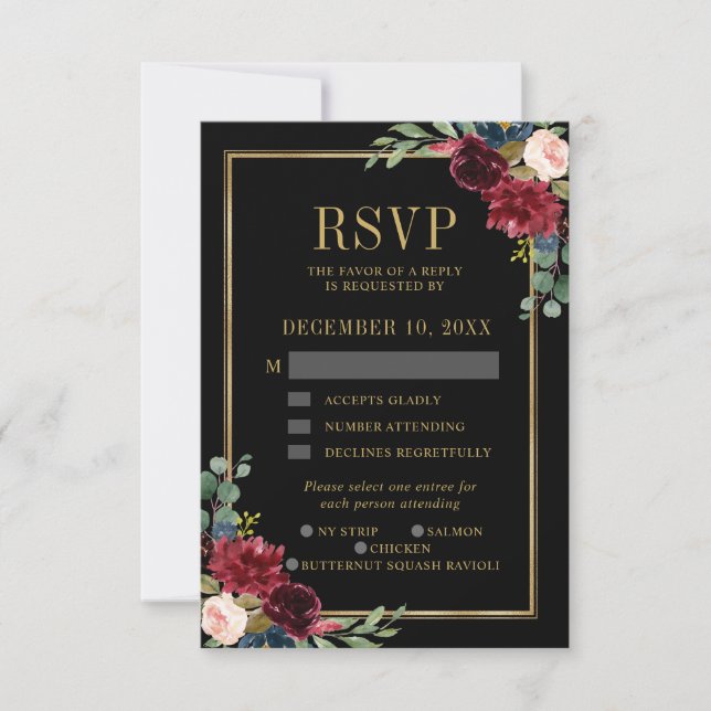 Burgundy Floral Gold Frame Navy Blue Wedding RSVP  (Front)