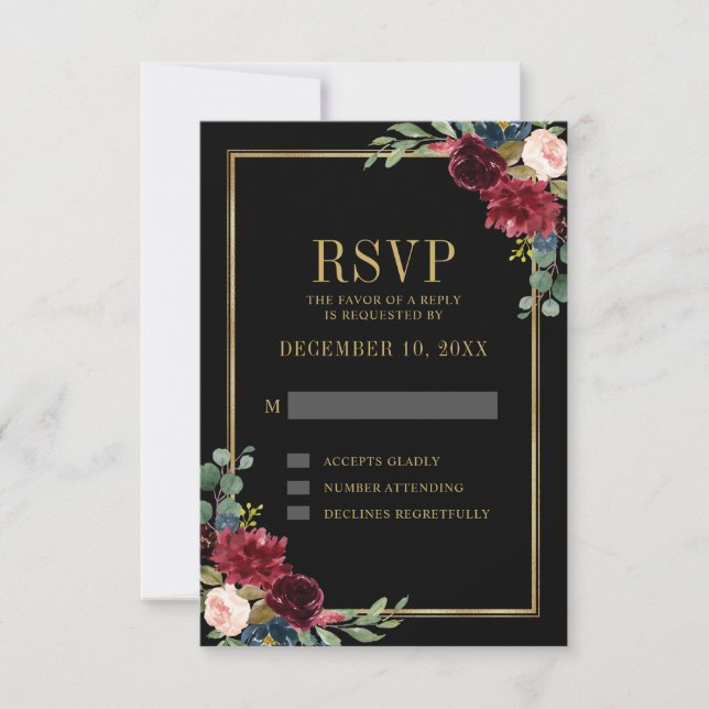 Burgundy Floral Gold Frame Navy Blue Wedding RSVP Card (Front)