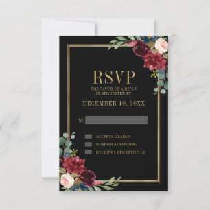 Burgundy Floral Gold Frame Navy Blue Wedding RSVP Card