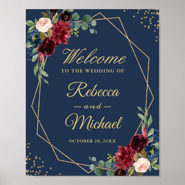 Burgundy Floral Gold Frame Navy Blue Wedding Sign (Front)