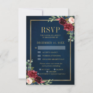 Burgundy Floral Gold Frame Navy Wedding RSVP card