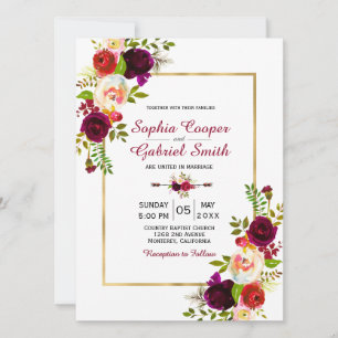 Burgundy Floral Gold Frame Wedding Invitation