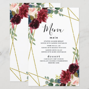 Burgundy Floral Gold Geometric Greenery Menu Cards