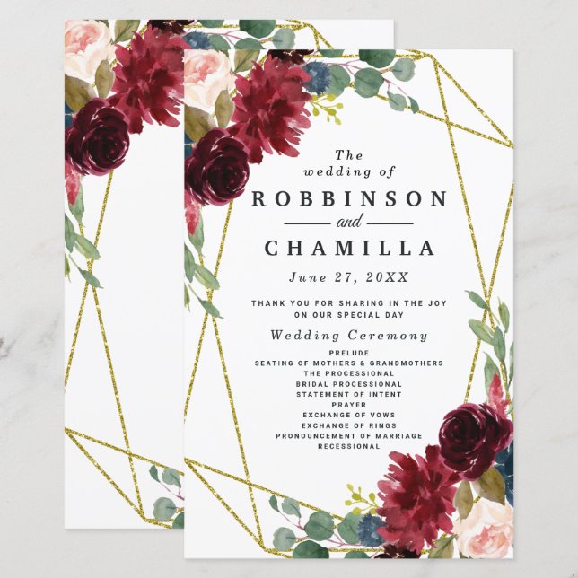 Burgundy Floral Gold Geometric Greenery Programs (Front/Back)