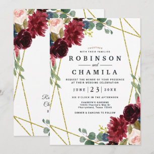 Burgundy Floral Gold Geometric Greenery Wedding Invitation